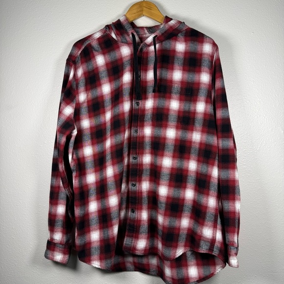 American Eagle Outfitters Red and Black Plaid Hoodie Shirt - Picture 1 of 4